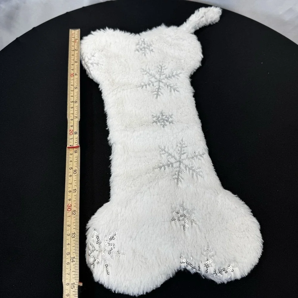 Dog Bone Holiday Stocking White With Silver‎ Snowflakes